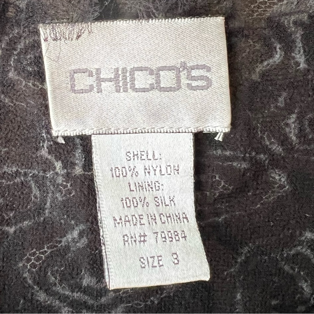 Chico’s Women’s Patchwork Cardigan Jacket Silk Blend Size 3 Goth Romantic - Picture 2 of 3